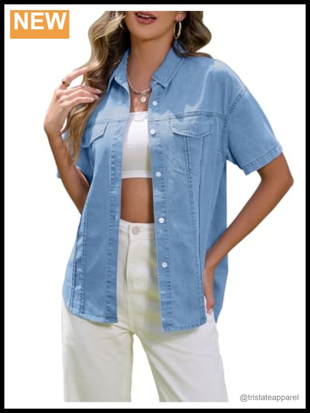 Denim Shirt Women Button Down Short Sleeve Cotton Blend